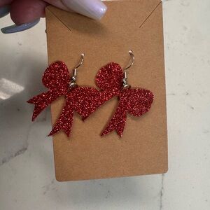 Red Glitter Bow Dangle Earrings